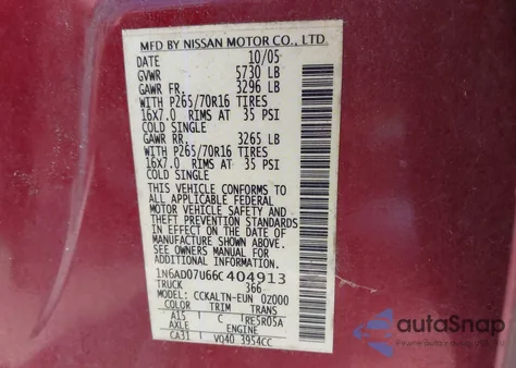 2006 Nissan Frontier Crew Cab Le/Se/Off Road из США, поврежденный, VIN 1N6AD07U66C404913